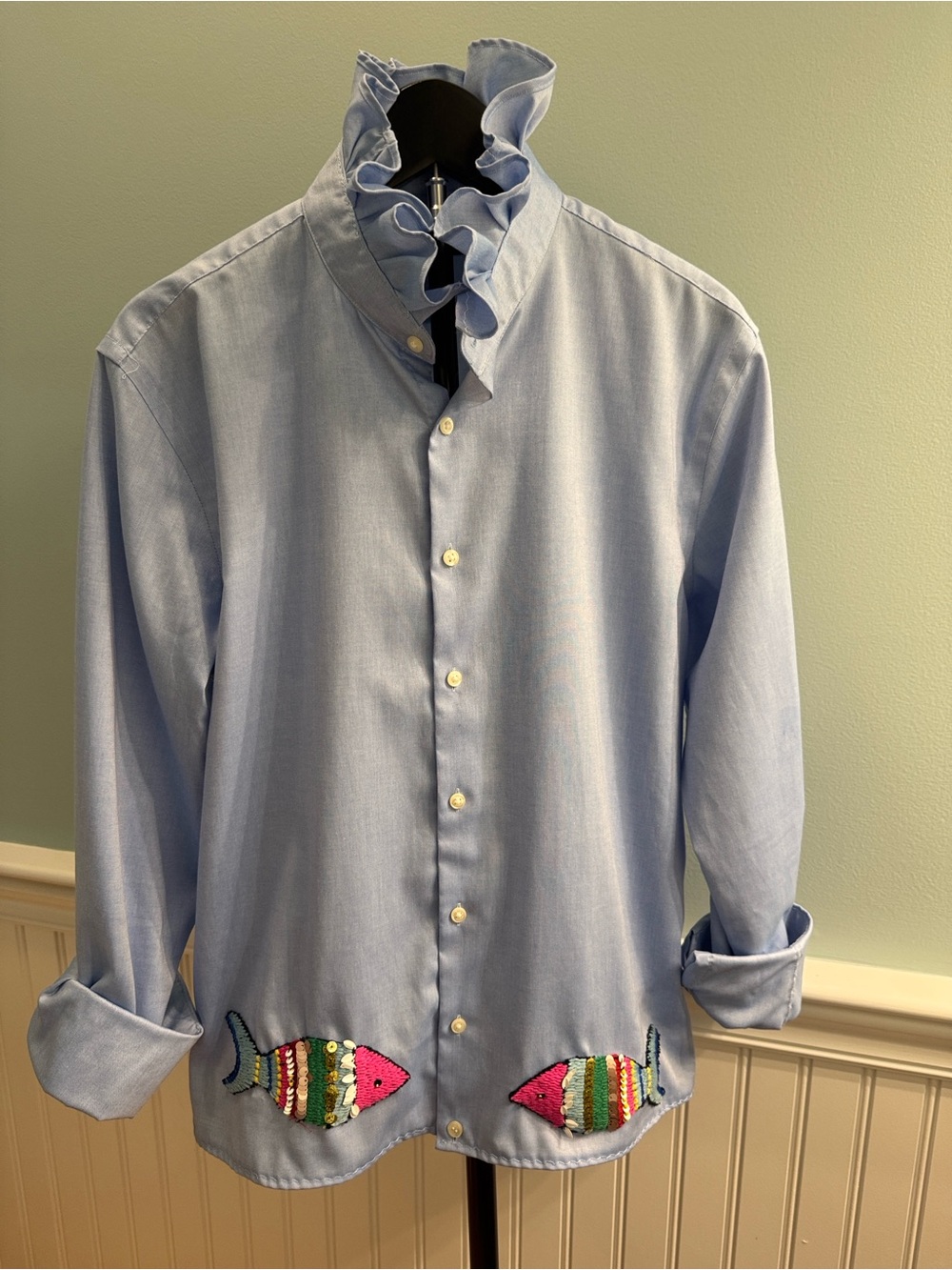 Reimagined Nordstrom Light Blue Ruffle-Collar Dress Shirt with Embroidered Fish